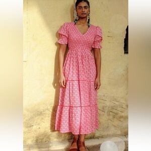 Pink City Prints Isabel V-Neck Smocked Dress in Pink Jaipur Rose, Size Medium